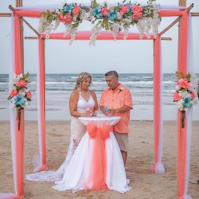 Bamboo archway with coral and white tulle down the legs with white flowy flowers with light blue and pink accents